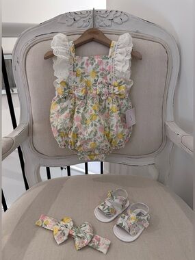 🍋 6~9 Mth Lemon Cherries Floral Ruffle Baby Romper with Headband & Sandals NWT